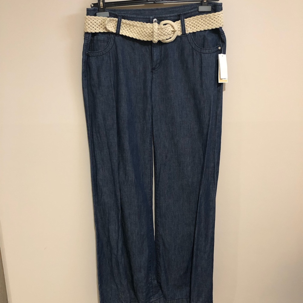 Michael Kors Blue Wide Leg Jeans with Cream Belt